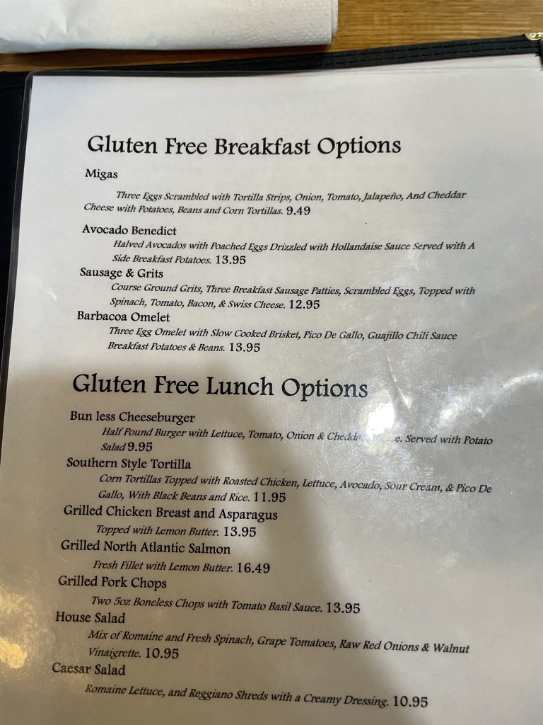 The gluten free menu at the Sunflower Bakery and Cafe in Galveston.