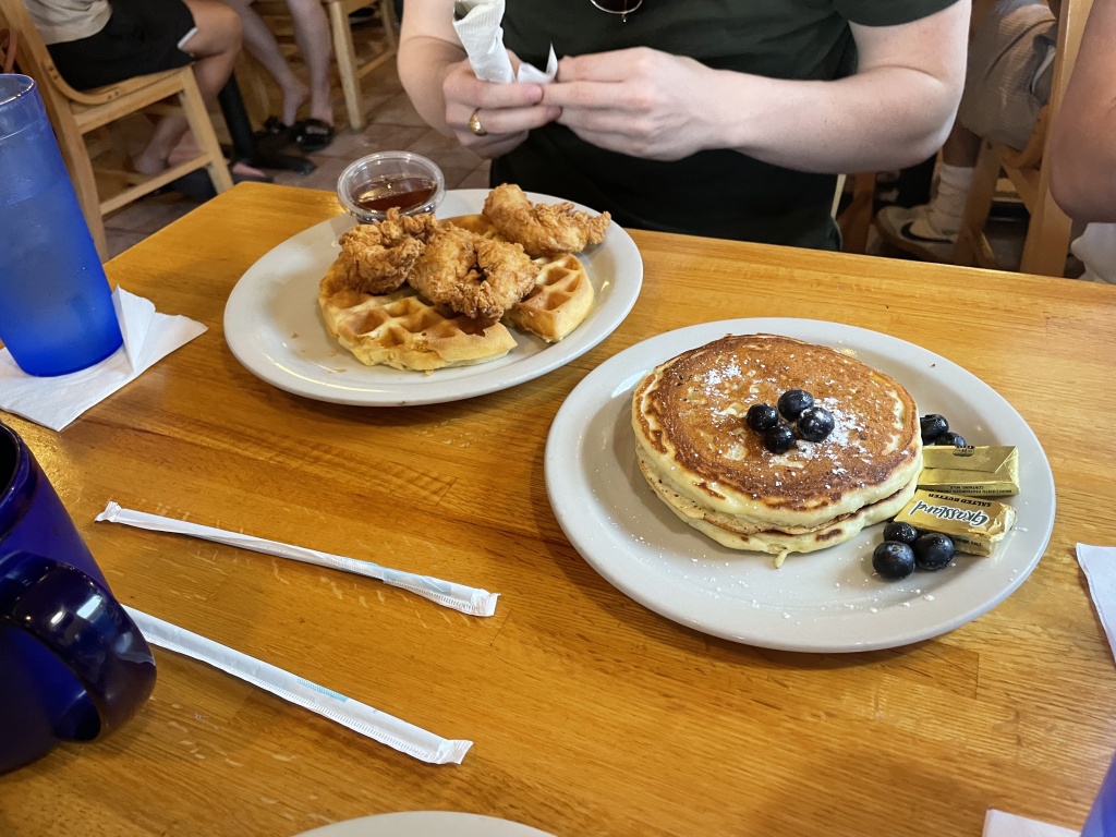 Chicken and waffles as well as blueberry pancakes at the Sunflower Bakery and Cafe in Galveston.
